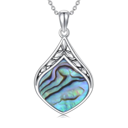 HPQQ Teardrop Necklace 925 Sterling Silver Vintage Natural Gemstone Pendant Jewelry Birthday Mothers Day Gifts for Women Mom - color: Abalone