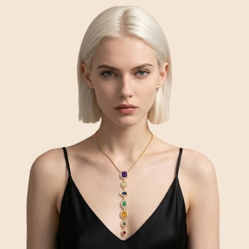18K Gold Plated Seven Chakra Necklace for Women, Dainty Y Necklace Lariat Drop Pendant, Crystal Healing Yoga Jewelry Gifts - color: Gold 06