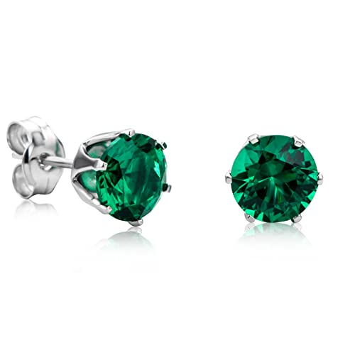 Orovi Round 14K Gold Earrings for Women in Solid 14K White Gold 585/14K Yellow Gold 585 with Ruby/Sapphire/Zirconia/Emerald Gemstones, Stud Earrings For Women,Women's Jewelry Delivered in Jewelry Box - color: 14K White Gold/ Emerald