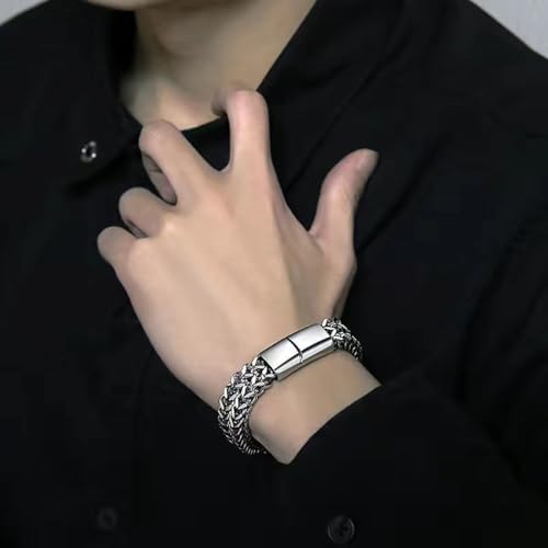 Stainless Steel Double Row Braided Cuban Chain Bracelet Men Jewelry | Bracelet Double Row Square Chain Men's Hip Hop Fashion Party Gold and Silver Chain - Gift for Husband, Son, Father - color: silvery, size: 21cm