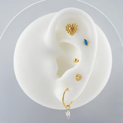 1PC Tragus Conch Helix Flat Labret Piercing Jewelry 16G 6mm 8mm - ASTM F136 Titanium Cartilage Earring Flatback Stud, Implant Grade Internally Threaded Hypoallergenic Body Jewelry (Clear CZ) - color: Blue Marquise CZ - Gold