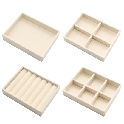 Small Jewelry Tray Set 4 Pcs Beige Velvet Stackable Jewelry Organizer Tray Mini Jewelry Drawer Organizer for Necklace Ring Earrings Jewelry (4 Styles) - color: Beige