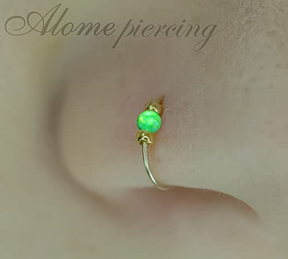 925 Sterling Silver & 14K Gold Filled Nose Ring Hoop Handmade Piercing Jewelry For Women - 24 Gauge 2mm,7mm Tiny Nose Ring with Opal - Gift Ready - color: Green Opal Gold