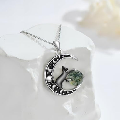 Witch Necklace 925 Sterling Silver Pentagram Triple Moon Pentacle Pendant Wiccan Pagan Jewelry Witchy Gifts for Women - style: Black Cat-2
