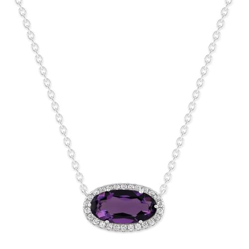 Belacqua Gemstone Necklace in Sterling Silver,Halo Pendant with Accent, Oval Cut 6 * 12mm, 15" Cable Chain with 2" Extender, Spring Ring Clasp, Dainty Birthstone Necklace for Women, Gift Box Included - color: 02-February-Amethyst Purple