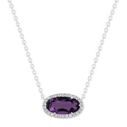 Belacqua Gemstone Necklace in Sterling Silver,Halo Pendant with Accent, Oval Cut 6 * 12mm, 15" Cable Chain with 2" Extender, Spring Ring Clasp, Dainty Birthstone Necklace for Women, Gift Box Included - color: 02-February-Amethyst Purple