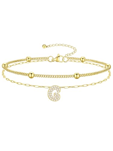 Richsteel Initial Ankle Bracelets for Women Waterproof, 14K Gold Plated/Silver Stainless Steel Anklets, Dainty Adjustable Layered Anklets with Bubble Letter, Non Tarnish Summer Beach Jewelry with Gift Box - color: G-Gold-Plated