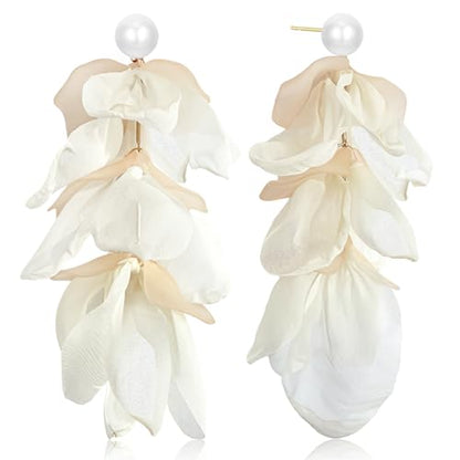 Handmade Bohemian Lightweight Fabric Flower Dangle Drop Earrings Chic Pearl Large Tassel Petal Stud Earrings For Women - color: Milky White