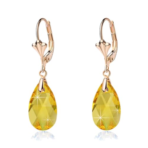 Austrian Crystal Teardrop Leverback Dangle Earrings for Women Fashion 14K Gold Plated Hypoallergenic Jewelry - color: Yellow