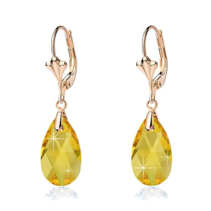 Austrian Crystal Teardrop Leverback Dangle Earrings for Women Fashion 14K Gold Plated Hypoallergenic Jewelry - color: Yellow