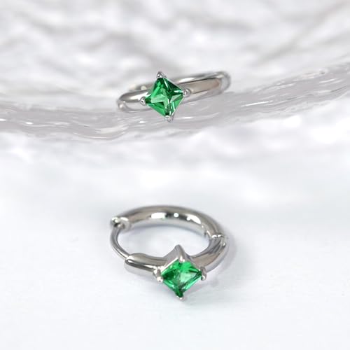 316L Surgical Steel Birthstone Hoop Earrings for Women | Lightweight, 5A Cubic Zirconia, Hypoallergenic, Lead & Nickel Free, 8mm Huggie Hoops - color: Silver: 05. May (Emerald)