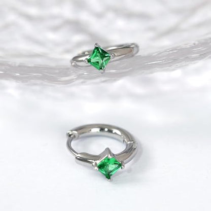 316L Surgical Steel Birthstone Hoop Earrings for Women | Lightweight, 5A Cubic Zirconia, Hypoallergenic, Lead & Nickel Free, 8mm Huggie Hoops - color: Silver: 05. May (Emerald)