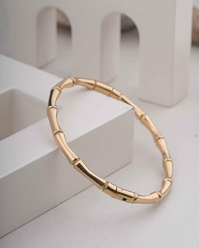 Gold Bamboo Bangle Bracelet for Women – 18K Gold Plated Stainless Steel Slip-On Oval Bangle – Hypoallergenic Waterproof Tarnish Resistant – Minimalist Stackable Jewelry – Gift for Her