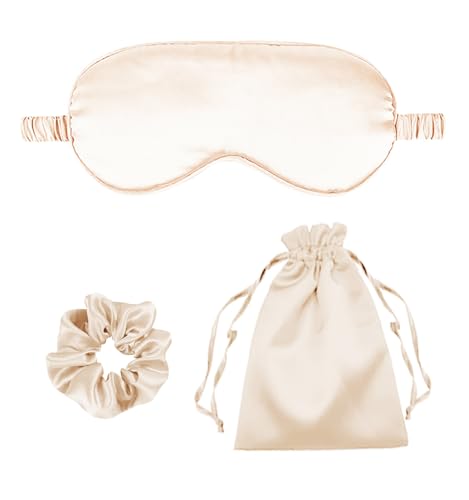 3Pcs Satin Eye Mask Silk Sleep Masks Set Silky Blindfold Eyeshade Blackout Eyes Cover Pouches Bag Scrunchy Wedding Gift- Color Champagne - color: Champagne