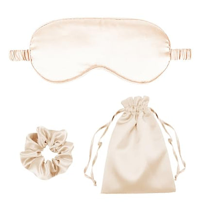 3Pcs Satin Eye Mask Silk Sleep Masks Set Silky Blindfold Eyeshade Blackout Eyes Cover Pouches Bag Scrunchy Wedding Gift- Color Champagne - color: Champagne