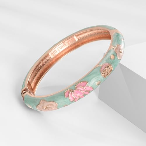 UJOY Cloisonne Bracelet Butterfly Hinge Indian Cuff Bangle Enameled Jewelry Flower Bracelets for Women Gift Box 55A114 - color: 2 Pcs/Set-Lotus-Green and Pink