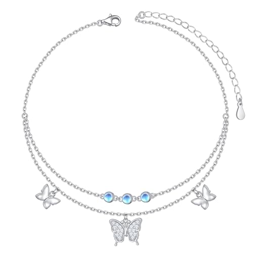 Anklets for Women 925 Sterling Silver Blue Evil Eye Infinity Butterfly Adjustable Multilayer Layered Summer Beach Ankle Bracelet Foot Chain Jewelry for Women - style: Butterfly