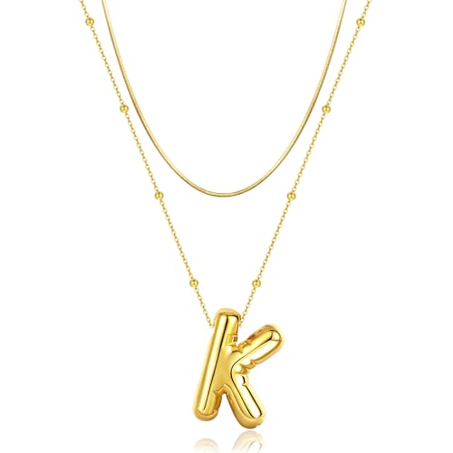 LUCA SMITH 2-Piece Initial Necklaces for Women, Dainty Balloon Bubble A-Z Letter Necklace Set, Name Letter Alphabet Pendant Layered Choker Necklaces Personalized Jewelry Gift - color: Gold bubble letter necklace, style: Initial Set-K
