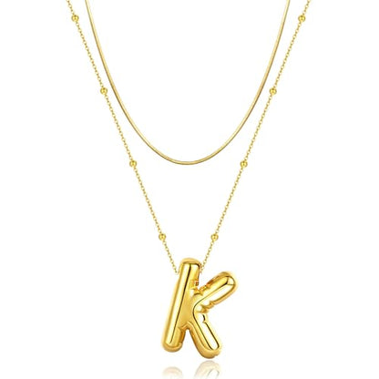 LUCA SMITH 2-Piece Initial Necklaces for Women, Dainty Balloon Bubble A-Z Letter Necklace Set, Name Letter Alphabet Pendant Layered Choker Necklaces Personalized Jewelry Gift - color: Gold bubble letter necklace, style: Initial Set-K