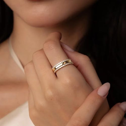 Purplepig Stackable Rings Non Tarnish, Two Tone CZ Eternity Band Set | 14K Gold & 925 Sterling Silver Plated, Waterproof, Wedding/Engagement/Promise Rings, Smart Ring Stackable Bands, Size 4-11 - color: Gold