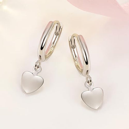 Charming Sterling Silver Heart Dangle Hoop Earrings - White Gold Plated, Huggie Style, Gift for Women