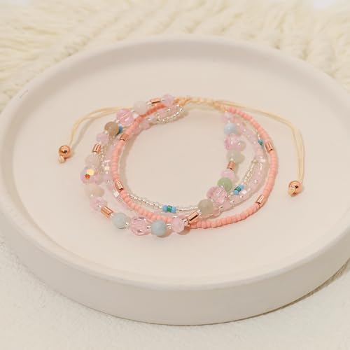 Boho Braided Beaded Ankle Bracelets Handmade Adjustable Beach Wrap Bracelet Draw String Anklets Bracelets Gifts for Women - color: Pink