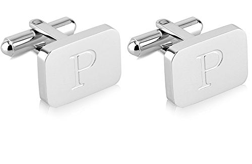 18K White-Gold Plated Initial Engraved Stainless Steel Men’s Cufflinks With Gift Box -Personalized Alphabet Letter’s A-Z By Lux & Pair - style: P- White Gold