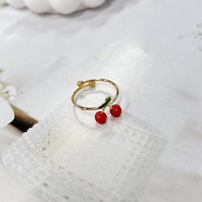 Cute Cherry Red Enamel Statement Ring for Women Summer Fruit Food Green Leaves Stainless Steel Finger Rings Stackable Sweet Adjustable Open Wrap Band Comfort Fit Fashion Jewelry for Girlfriend Sisters