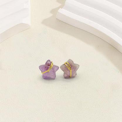 Raw Gemstone Star Stud Earrings for Women Handmade Star Chakra Healing Crystal Earrings Amethyst Raw Rose Quartz Gemstone Prong Stud Earrings Birthstone Jewelry Gift Ideas - color: Amethyst