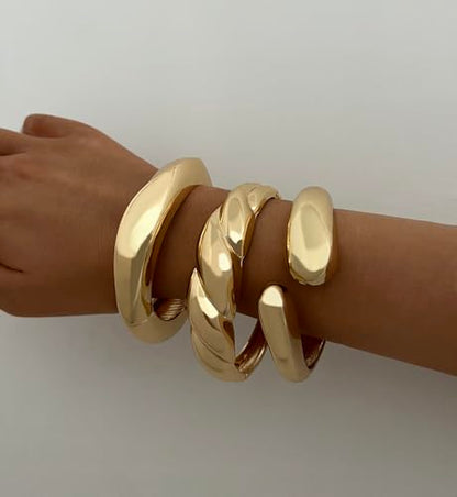 Chunky Gold Bangle Bracelets for Women, Dainty 14k Gold Plated Big Stackable Bangles Set, Trendy Statement Cuff Bracelet Stack Fashion Jewelry Gifts - style: A4-gold