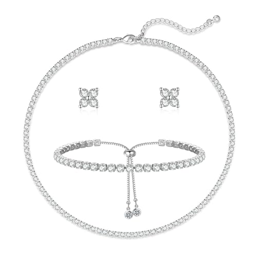 Luxval Tennis Necklace Set for Women Tennis Bracelets Diamond Earrings Sterling Silver Necklace Wedding Jewelry for Bride Silver Jewelry Sets for Women Gift - color: Silver-flower tennis set