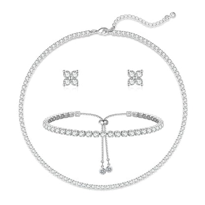 Luxval Tennis Necklace Set for Women Tennis Bracelets Diamond Earrings Sterling Silver Necklace Wedding Jewelry for Bride Silver Jewelry Sets for Women Gift - color: Silver-flower tennis set