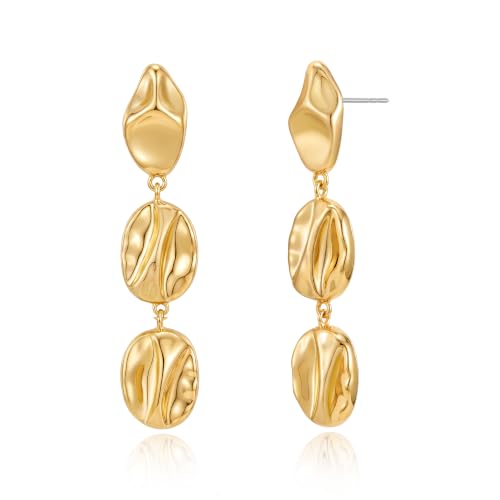 Gold Dangle Earrings for Women,Chunky 14K Gold Plated Drop Dangle Stud Earrings Long Statement Hammered Earring Hypoallergenic Jewelry for Women Gifts - style: Irregular Hammered-GD