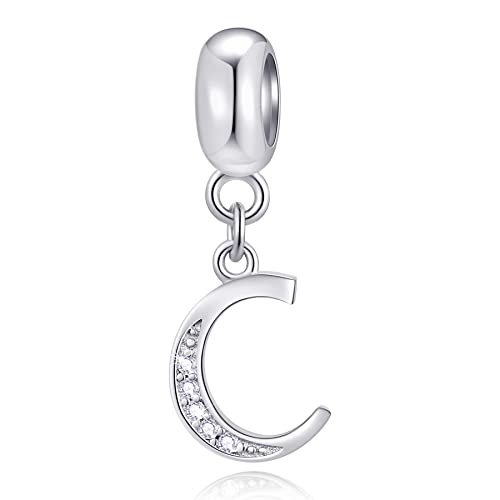 26 Letter Pendant Charms, Polished 925 Sterling Silver Complete Initial A-Z Dangling CZ Stone Alphabet Beads, fits European Bracelet Necklace, Gift for Mother/Father/Daughter/Son/Sister/Aunt - color: Letter C CZ Pendant Charm
