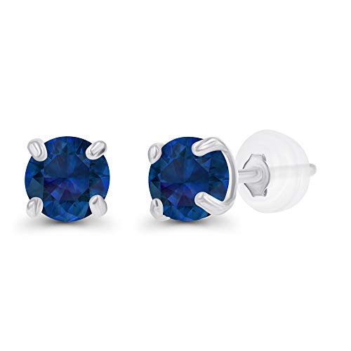 Solid 14K Gold 3mm Round Prong Set Hypoallergenic Genuine Petite Birthstone Stud Earrings - color: Blue Sapphire Created
