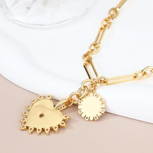 Chunky Gold Necklace for Women, 18K Waterproof Heart Necklace Statement Necklace Gold Charm Necklace Chunky Jewelry Paperclip Chain Choker Gift for Women - style: Gold Sun Heart