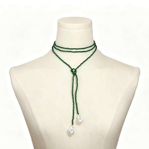 1 Piece Wrap Around Necklace Long Emerald Beaded Slip Tie Adjustable Black Beads Choker Baroque Y Shaped Long Pearl Drop Lariat Necklace for Women