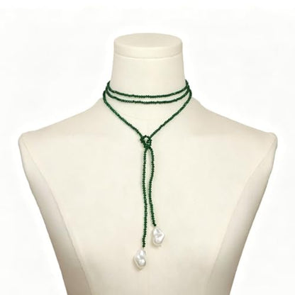 1 Piece Wrap Around Necklace Long Emerald Beaded Slip Tie Adjustable Black Beads Choker Baroque Y Shaped Long Pearl Drop Lariat Necklace for Women