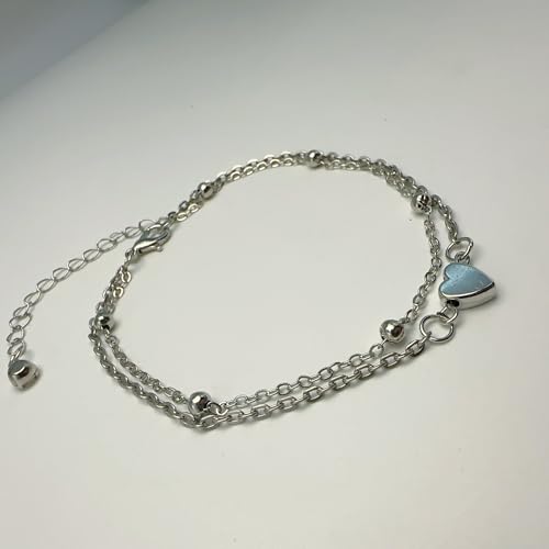 Anklet for Women Layered Anklets Women Double Heart Silver Bohemian Pearls Flat Chain Ankle Bracelet Charm Beaded Dainty Foot Jewelry Heart Charm Dainty Layer Anklets Trendy - color: Double Heart