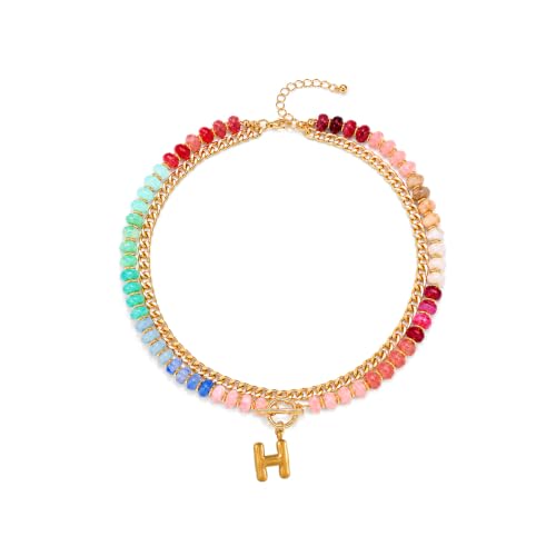 Colorful Beaded Bubble Letter Necklace For Women, Boho Double Layer Dopamine Rainbow Resin Beads Thick Cuban Chain Chunky With Initials Pendant Necklaces Summer Beach Jewelry Gift ﻿ - color: Dop H