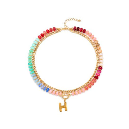Colorful Beaded Bubble Letter Necklace For Women, Boho Double Layer Dopamine Rainbow Resin Beads Thick Cuban Chain Chunky With Initials Pendant Necklaces Summer Beach Jewelry Gift ﻿ - color: Dop H