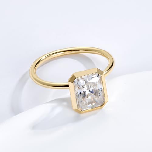 Radiant Cut Moissanite Engagement Ring for Women, Bezel Set Solitaire Ring | D Color VVS1 925 Sterling Silver 14K Gold Plated Wedding Ring, Available in 2CT 3CT 5CT, Diamond Alternative Promise Jewelry - style: 01 - Yellow Gold - 3CT Radiant Moissanite