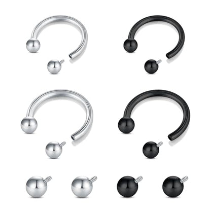 Longita Internally Threaded Septum Ring Silver Black Gold Septum Rings 16G Septum Piercing Surgical Steel Septum Jewelry Septum Nose Rings 16 Gauge Small Septum Ring Horseshoe with Replacement Balls - color: C3-silver+black-8+10mm