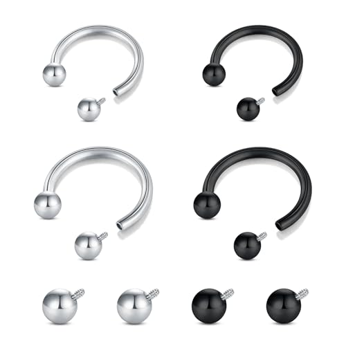 Longita Internally Threaded Septum Ring Silver Black Gold Septum Rings 16G Septum Piercing Surgical Steel Septum Jewelry Septum Nose Rings 16 Gauge Small Septum Ring Horseshoe with Replacement Balls - color: C3-silver+black-8+10mm