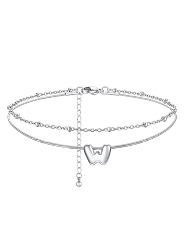 ChainsHouse Initial Ankle Bracelets for Women Waterproof, 14K Gold Plated Layered Initial Anklets Non Tarnish, Adjustable Stainless Steel Women's Ankle Summer Beach Foot Jewelry - color: Stainless Steel, size: Initial W