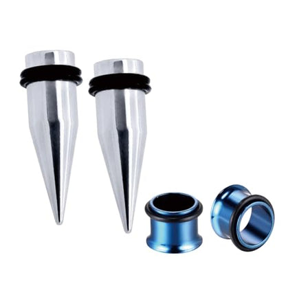 Pair of 7/16" 11mm Stainless Steel Black Tapers and Tunnels Ear Stretching Kit Gauges - color: Silver+Blue