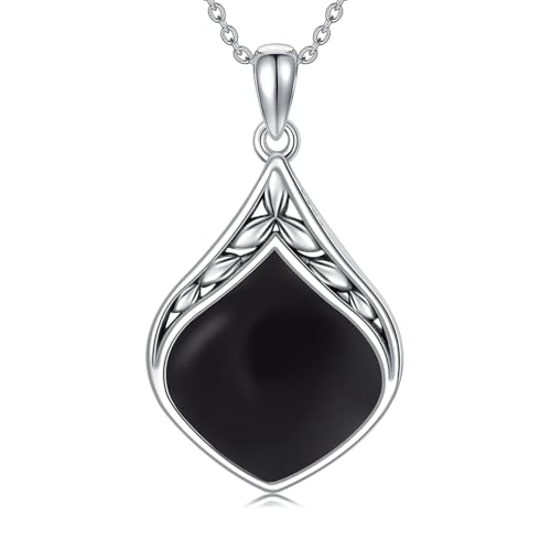 HPQQ Teardrop Necklace 925 Sterling Silver Vintage Natural Gemstone Pendant Jewelry Birthday Mothers Day Gifts for Women Mom - color: Black Onyx