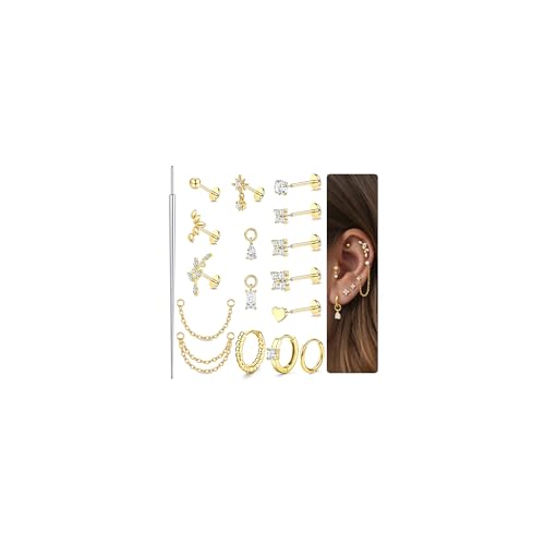 ORAZIO 16G/18G/20G Threadless Flat Back Earrings Push in Nose Rings Studs | 316L Surgical Steel Cartilage Earring Stacks Flatback Hypoallergenic Tragus Helix Conch Labret Medusa Piercing Jewelry - color: Style2-Gold, size: 16G=1.2mm