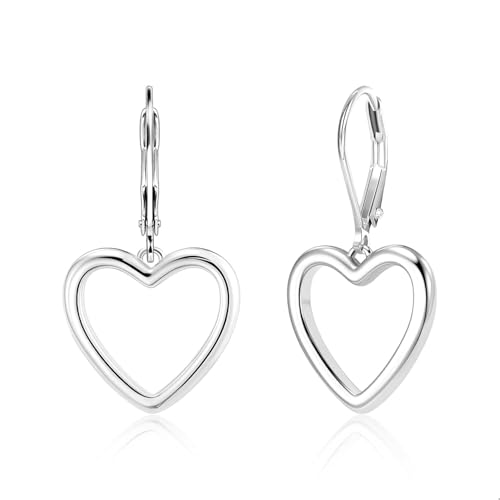 14K Gold Plated 925 Sterling Silver Openwork Love Heart Dangle Earrings, Leverback Huggie Hoop Hypoallergenic Trendy Earrings for Women - color: 925 Silver-B