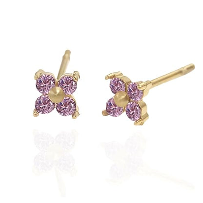 QueenBee 14K Gold Plated Ivy Flower Birthstone Stud Earrings for Women Dainty Floral Gemstone Studs Unique Jewelry Gift for Her - color: Oct-Pink Tourmaline
